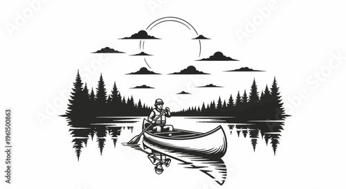Monochrome vector illustration of a man paddling a canoe on a calm lake with reflections of pine trees, stylized clouds, and a large circular sun symbol against a white background.