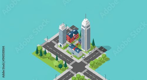 Isometric 3D vector illustration of a minimalist urban city block featuring skyscrapers, office buildings, asphalt roads with crosswalks, streetlights, and green trees on a teal background.