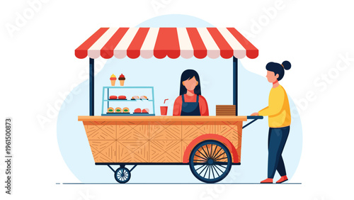 Customer visits a colorful street food cart selling ice cream and snacks operated by a female vendor in a red apron.