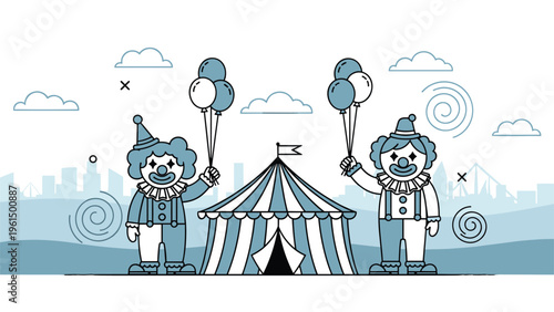 Two friendly clowns holding blue and white balloons stand outside a circus tent with a city landscape in the background.