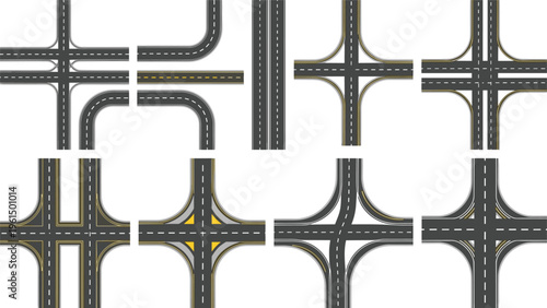 Selection of top down road intersection and turn segments for city map creation and urban planning game design illustrations.