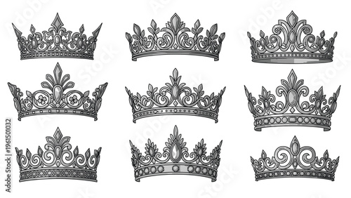 Set of nine different ornate silver crown designs with intricate filigree and jewels shown in a detailed hand drawn style.