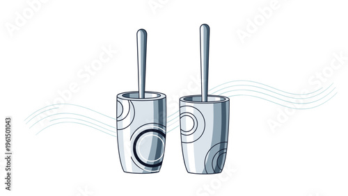 Pair of modern toilet brushes in decorative holders with circular patterns and flowing wavy lines in a simple graphic style.