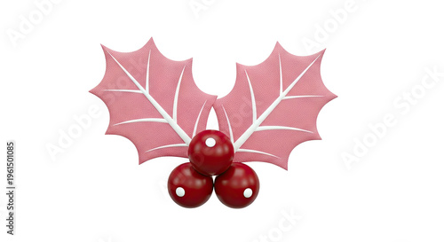 3D Pink Holly Leaves and Red Berries