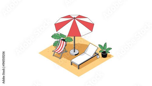Isometric scene of a beach setup featuring a red and white striped umbrella a lounge chair and green potted palm plants.