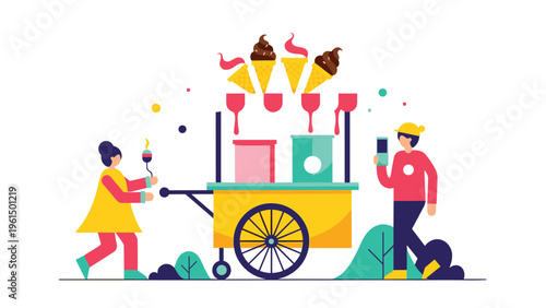 Stylized illustration of people at an ice cream cart with large melting cones and colorful abstract shapes in the air.
