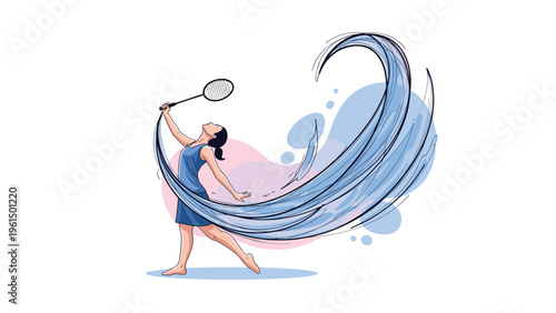 Artistic illustration of a female badminton player making a powerful overhead swing with flowing blue water trails.