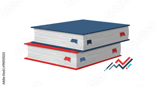 Two thick books one blue and one red stacked on each other with multiple colorful bookmarks and a data chart symbol.