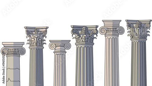 Collection of various architectural columns in classical styles including ionic and corinthian designs on a white background.