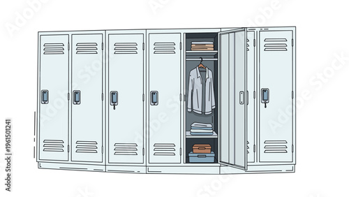 Row of grey metal lockers for gym or school with one open showing a shirt on a hanger and folded clothes on shelves.