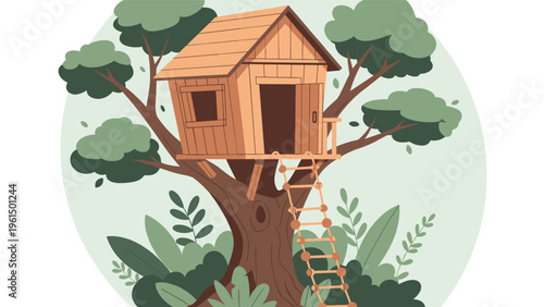 Charming wooden treehouse built into a large leafy green tree with a rope ladder hanging down in a circular frame.