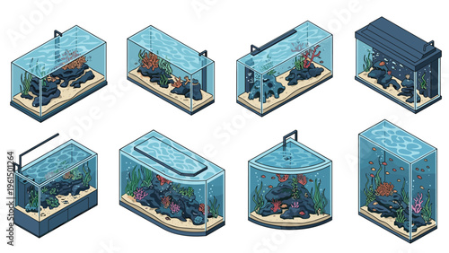 Diverse collection of glass aquarium tanks in different shapes and sizes containing rocks aquatic plants and colorful fish.