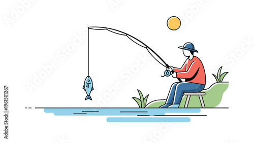 Simple line art illustration of a fisherman sitting on a stool catching a small fish in a calm pond under the sun.