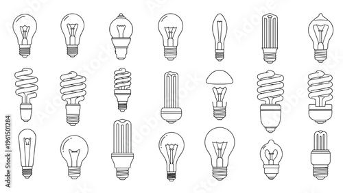 Comprehensive collection of different light bulb types shown in black and white line icons from incandescent to modern LED.