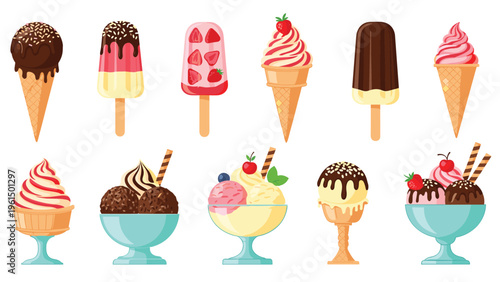 Assortment of delicious ice cream treats including cones popsicles and sundaes with various toppings and vibrant flavors.