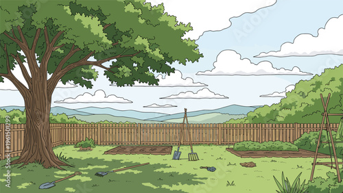 Peaceful backyard garden scene with a large tree wooden fence garden beds and various tools lying on the green lawn.