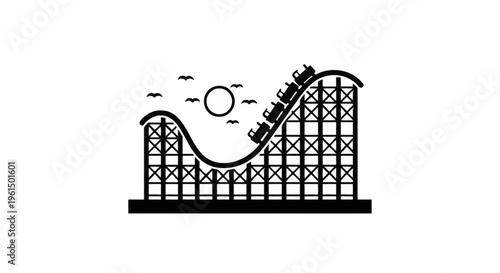 Minimalist black silhouette vector of a roller coaster track with carts, wooden support structure, featuring a sun and flying birds isolated on a plain white background for design.