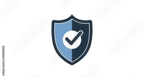 Vector illustration of a security shield icon with a white check mark inside a circular badge, featuring a split blue and dark gray color palette on a white background for data protection.
