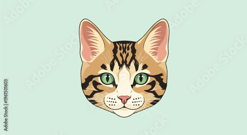 Vector illustration of a domestic cat head featuring green eyes, pink nose, and black tabby stripes on tan fur, centered on a light green background in a clean flat graphic style.
