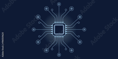 Identity core chip. Central authentication engine with radial network connections and distributed verification nodes. Outward signal particles indicating secure access flow. 