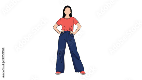 Confident young woman standing with her hands on her hips wearing a bright red t-shirt and dark blue trousers against a plain white background.