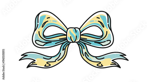 Beautifully decorative ribbon bow with a charming blue and yellow striped pattern, perfect for holiday gift wrapping or celebratory ornaments.