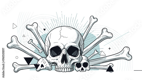 Detailed illustration of a human skull surrounded by various scattered bones and abstract geometric shapes on a clean white background.