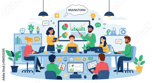 Team brainstorming session in a modern office with charts and laptops.