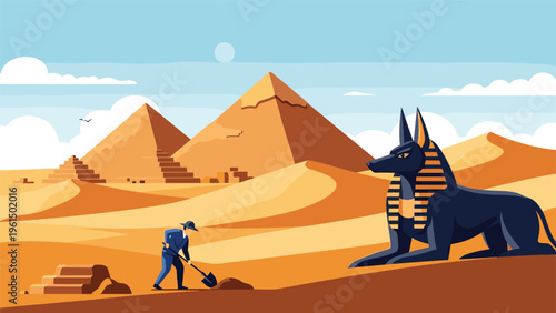 Magnificent desert landscape featuring great pyramids and a statue of Anubis with an archaeologist digging in the sand.
