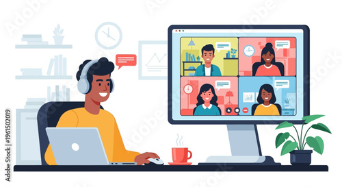 Man on video conference call with colleagues from home.