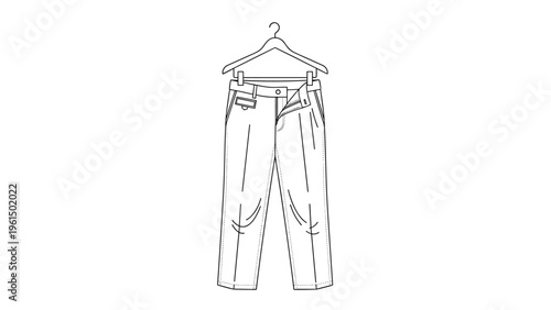 Simple line art drawing of a pair of formal trousers hanging neatly from a wooden clothes hanger on a white background.