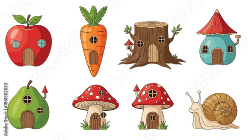 Enchanting collection of whimsical fantasy houses built into fruits, vegetables, tree stumps, and a snail shell.