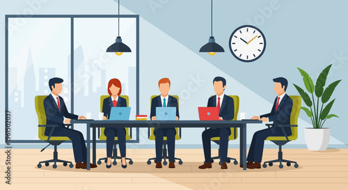 Team of professionals in a modern office meeting.