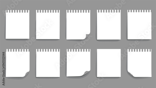 Collection of ten blank white paper notes with curled corners and shadows, arranged in two rows on a neutral grey background.