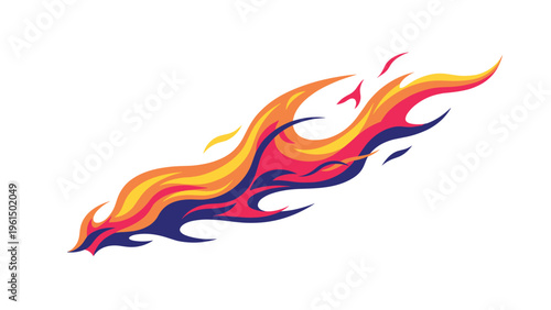 Dynamic abstract flame illustration featuring vibrant shades of orange, yellow, and blue, suggesting speed, heat, and intense energy.