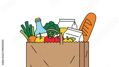 Classic brown paper grocery bag overflowing with fresh vegetables, bread, milk, and various food items, representing healthy shopping.
