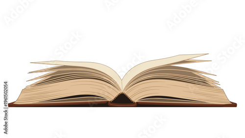 Detailed illustration of an open vintage book with numerous thick pages visible, showing the texture of aged paper and leather.