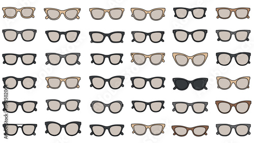 Comprehensive grid layout showcasing a wide variety of eyeglasses in different frame shapes, sizes, and colors for optical retail.