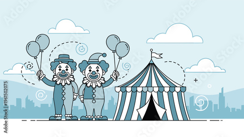 Playful scene of two clowns holding balloons and smiling beside a striped circus tent in a blue and white line art style.
