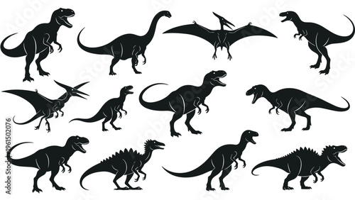 Educational collection of black dinosaur silhouettes featuring famous species like Tyrannosaurus Rex and Brachiosaurus on white.