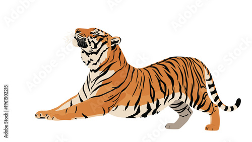 Majestic illustration of a Bengal tiger lying down with its head tilted back, showing its powerful build and distinctive stripes.