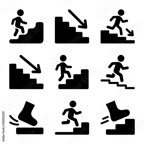 Sequence of People Climbing and Descending Stairs and Shoes Illustration.