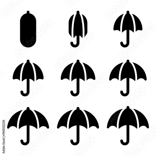 Collection of Black Umbrella Icons for Weather and Rain Symbols.