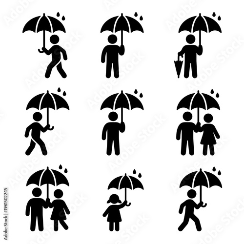 Silhouette of People with Umbrellas in Rainy Weather.