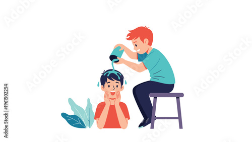 Playful scene of a boy sitting on a stool and pouring a cup of water over his friend's head, both enjoying a fun summer prank.