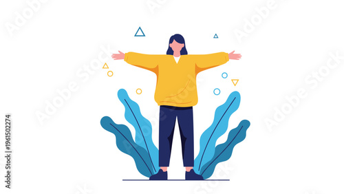 Woman wearing a yellow sweater standing with her arms outstretched in a gesture of freedom and openness amidst abstract plants.