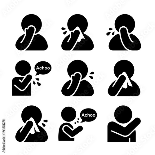 Collection of Black and White Hand Hygiene and Coughing Icons.