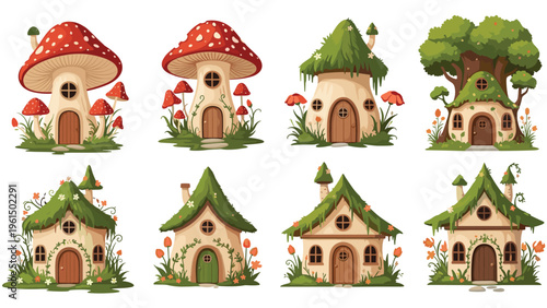 Enchanting set of eight different fairy tale houses built into mushrooms and trees, surrounded by grass and colorful wildflowers.