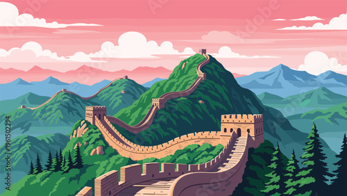 Beautiful pixel art landscape of the Great Wall of China winding over green mountains under a soft pink sunset sky.