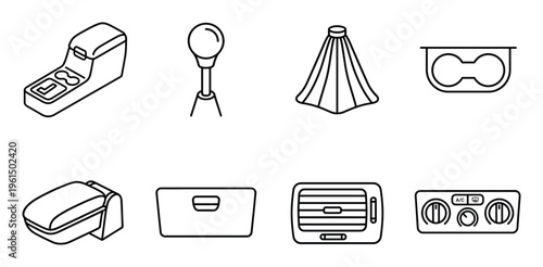 Automobile dashboard and console parts vector set isolated on transparent background. Car controls